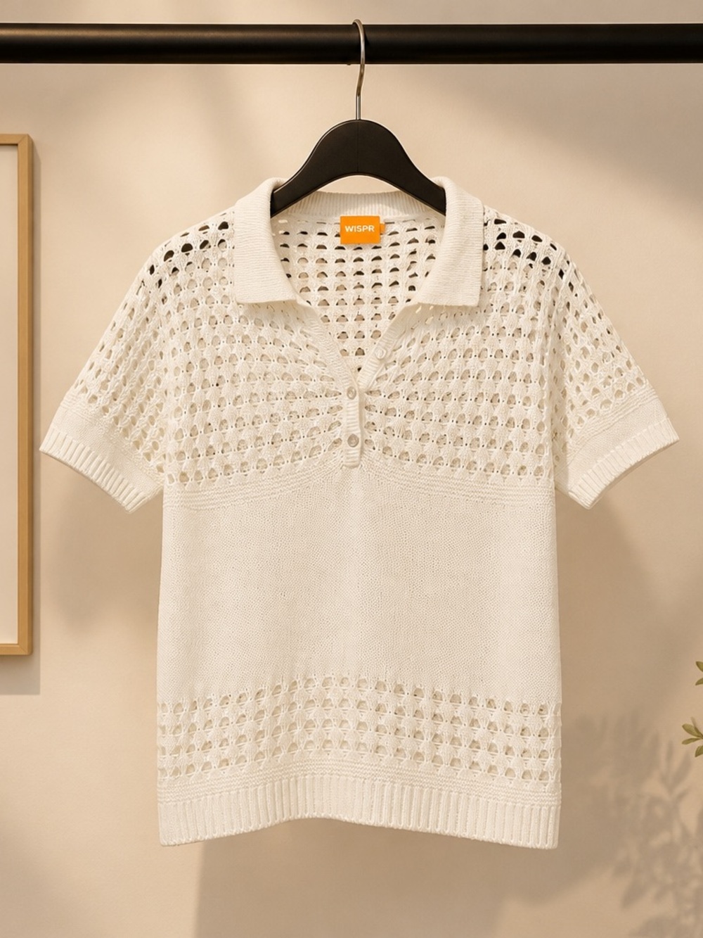 White Open-Knit Polo Sweater Top